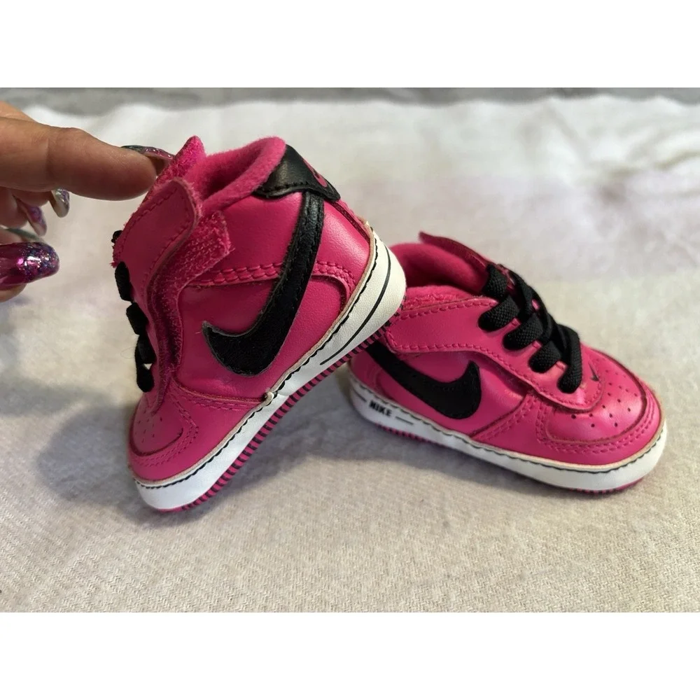 Nike Baby Girl Shoes Size 1C Pink & Black Swoosh Logo Lace Up EUC